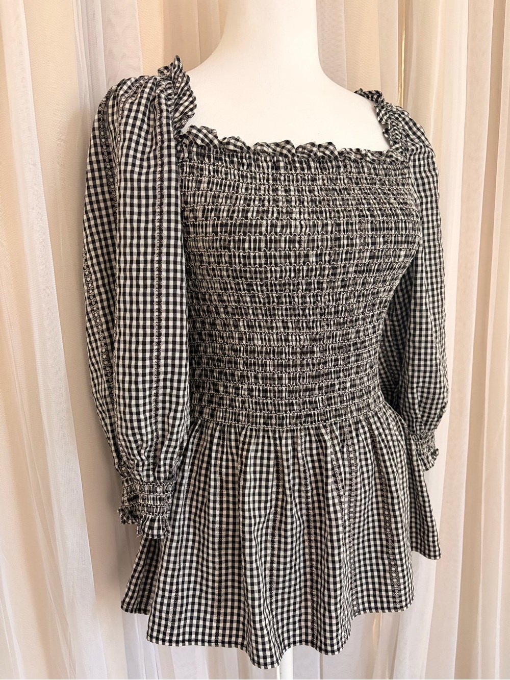 Max Studio Black & White Gingham Smocked Peplum Top